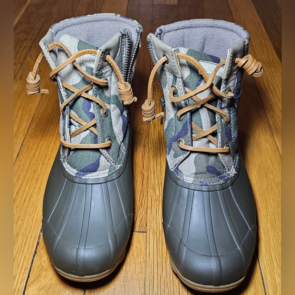 Sperry Topsider Camouflage Duck Boots Saltwater Leather Canvas Womens Sz 6M NWOB